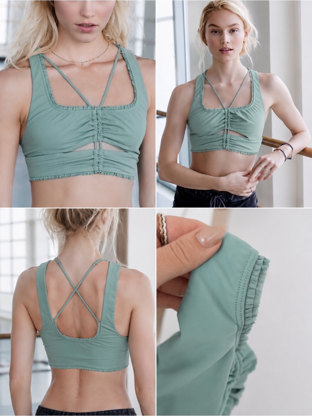 Free People Mint Green Strappy Ruched Sports Bra